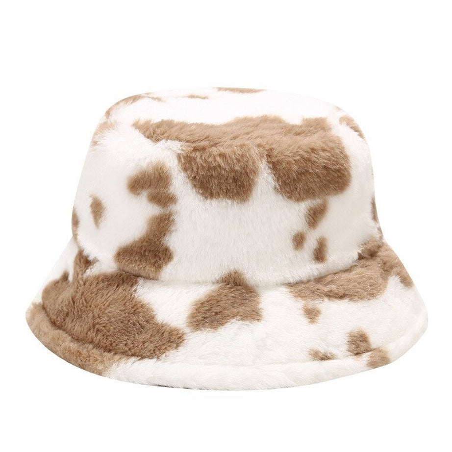 Y2k Aesthetic Cow Print Plush Bucket Hat