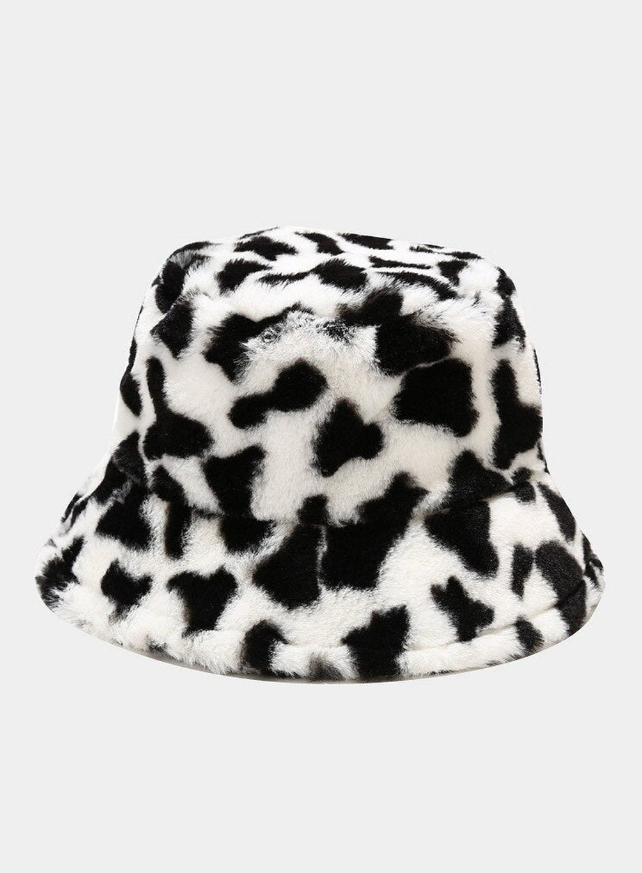 Y2k Aesthetic Cow Print Plush Bucket Hat