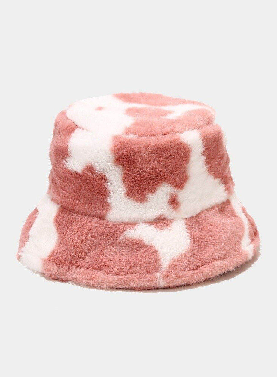 Y2k Aesthetic Cow Print Plush Bucket Hat