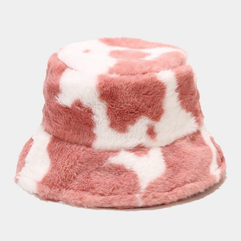 Y2k Aesthetic Cow Print Plush Bucket Hat