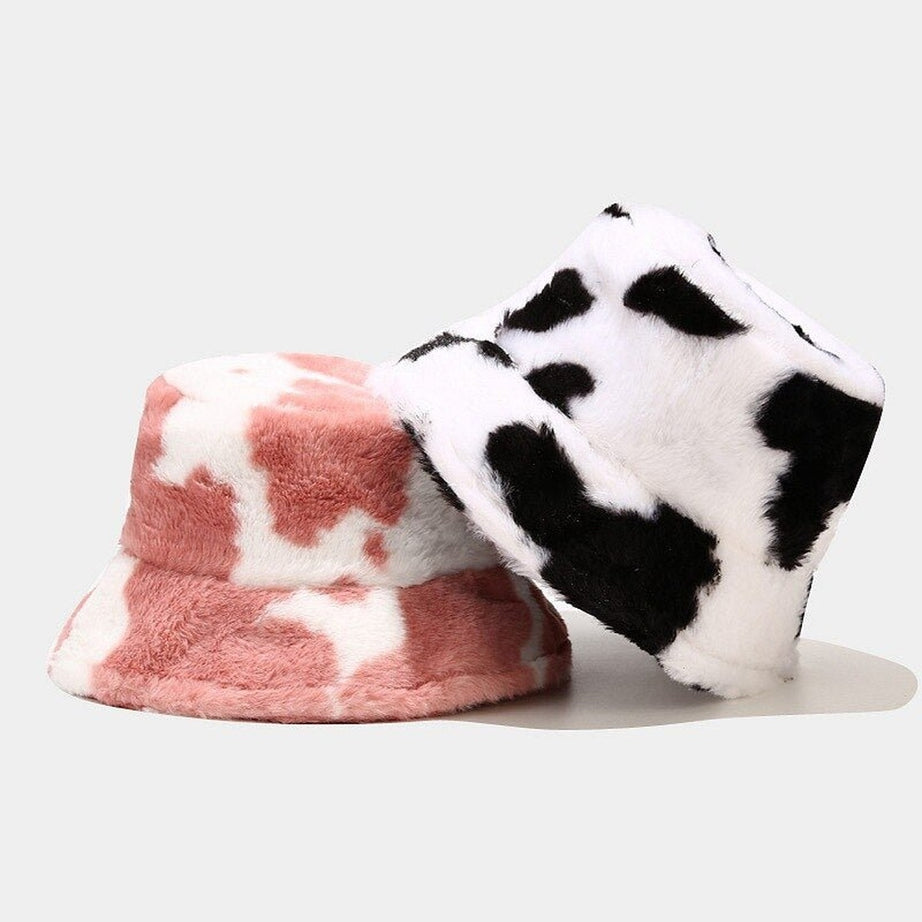 Y2k Aesthetic Cow Print Plush Bucket Hat