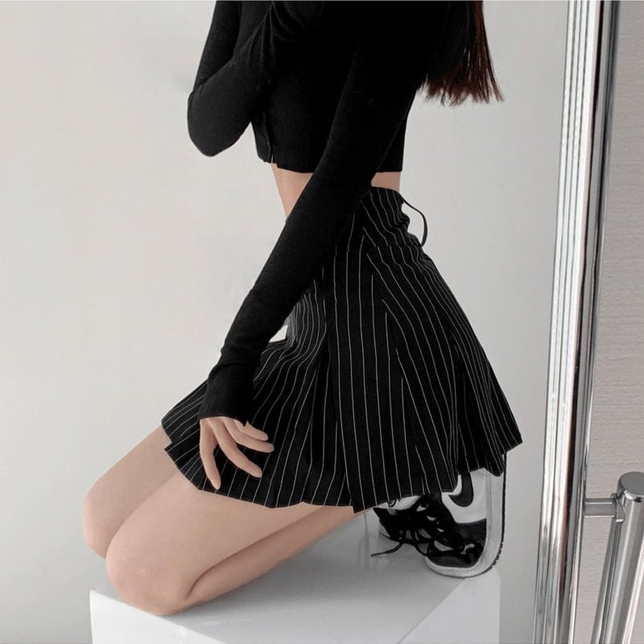 Y2k Aesthetic Pleated Striped Mini Skirt