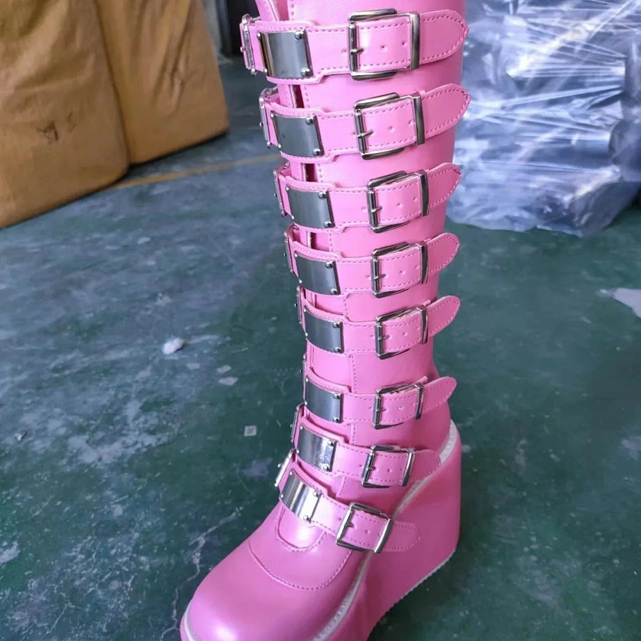 Y2k Alt Heart Buckle Knee Boots