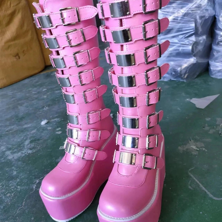 Y2k Alt Heart Buckle Knee Boots