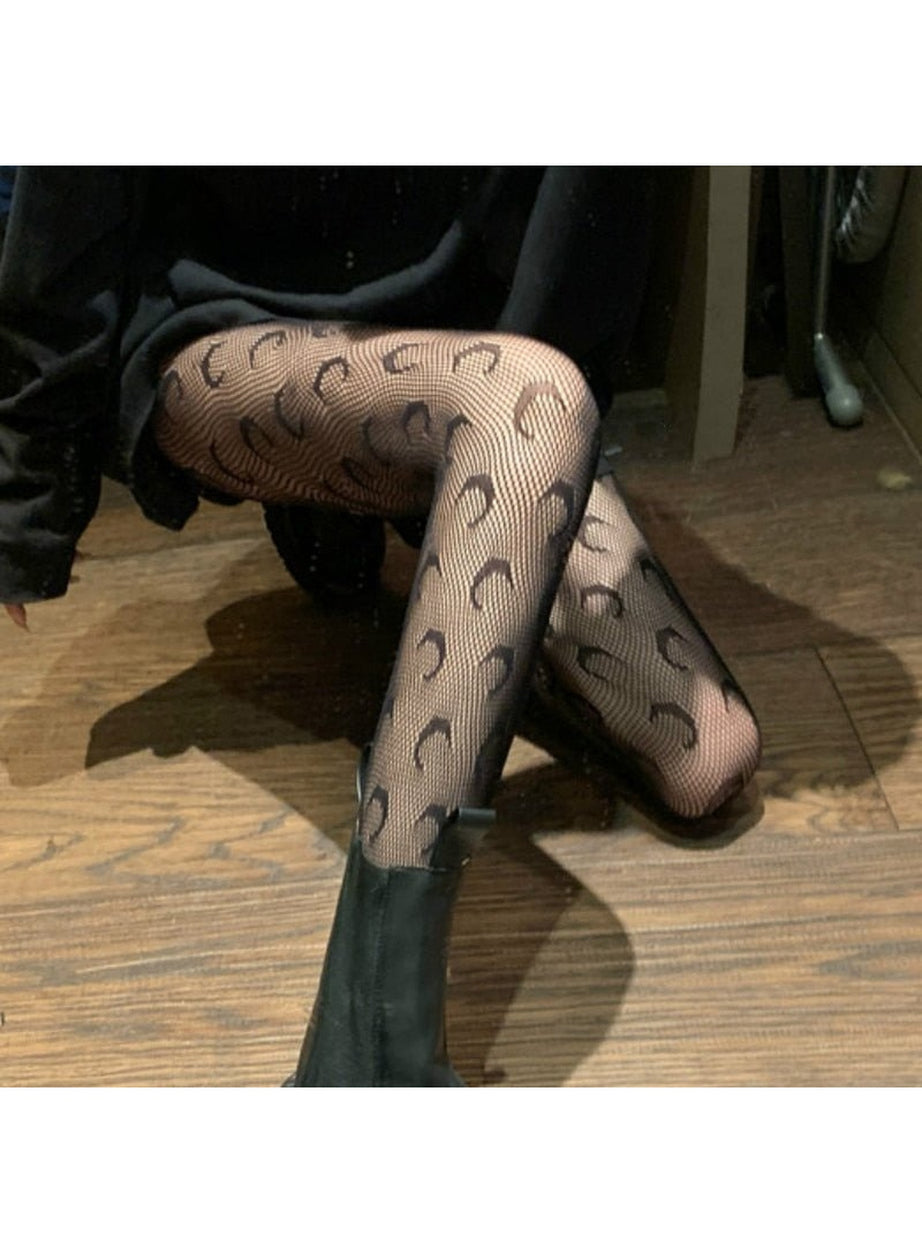Y2k Alt Moon Pattern Tights Fishnet