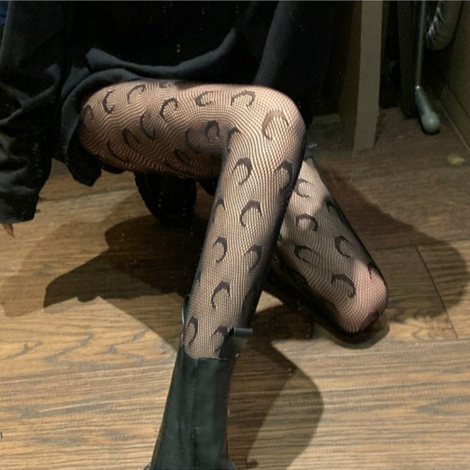 Y2k Alt Moon Pattern Tights Fishnet