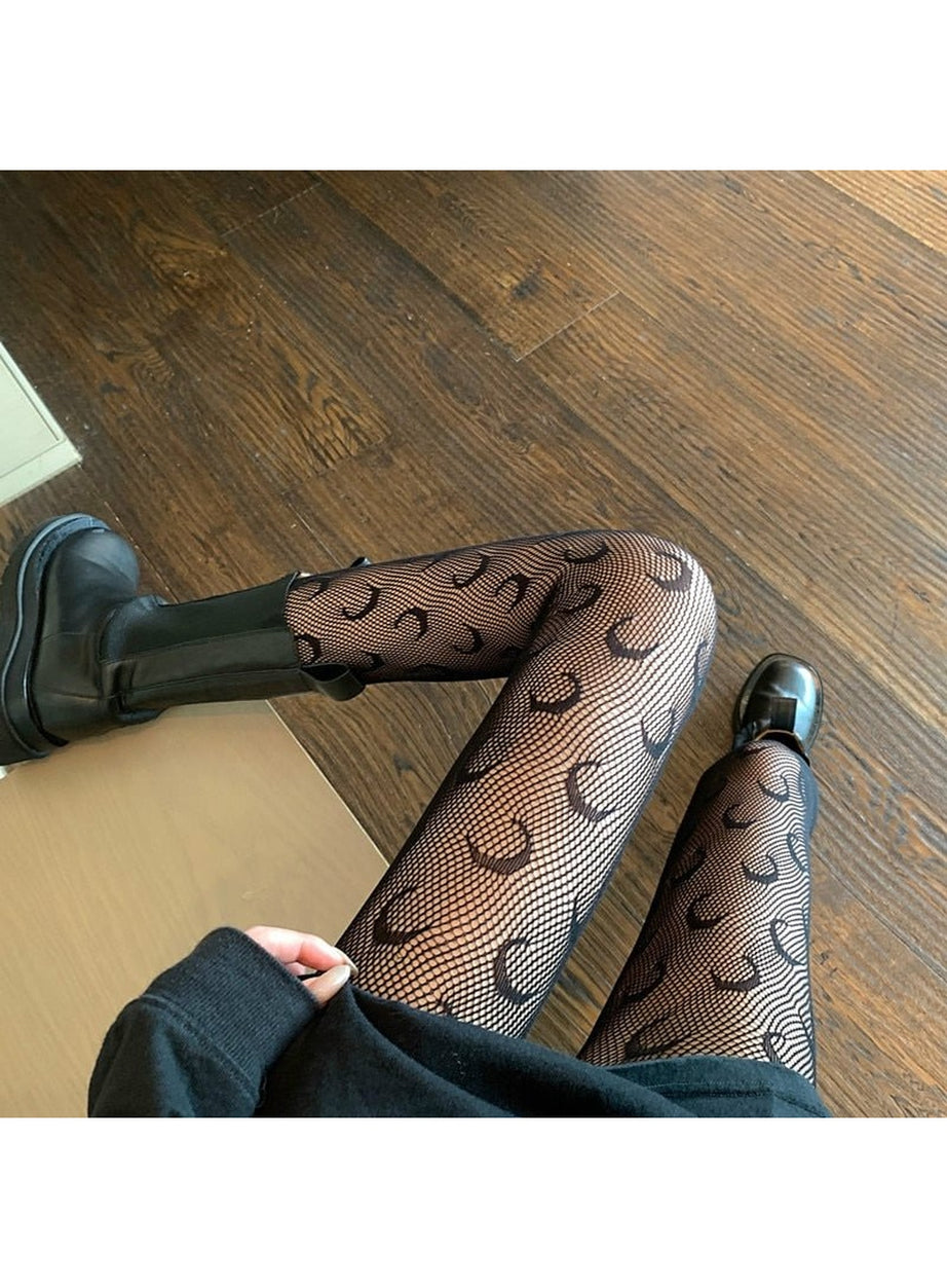 Y2k Alt Moon Pattern Tights Fishnet