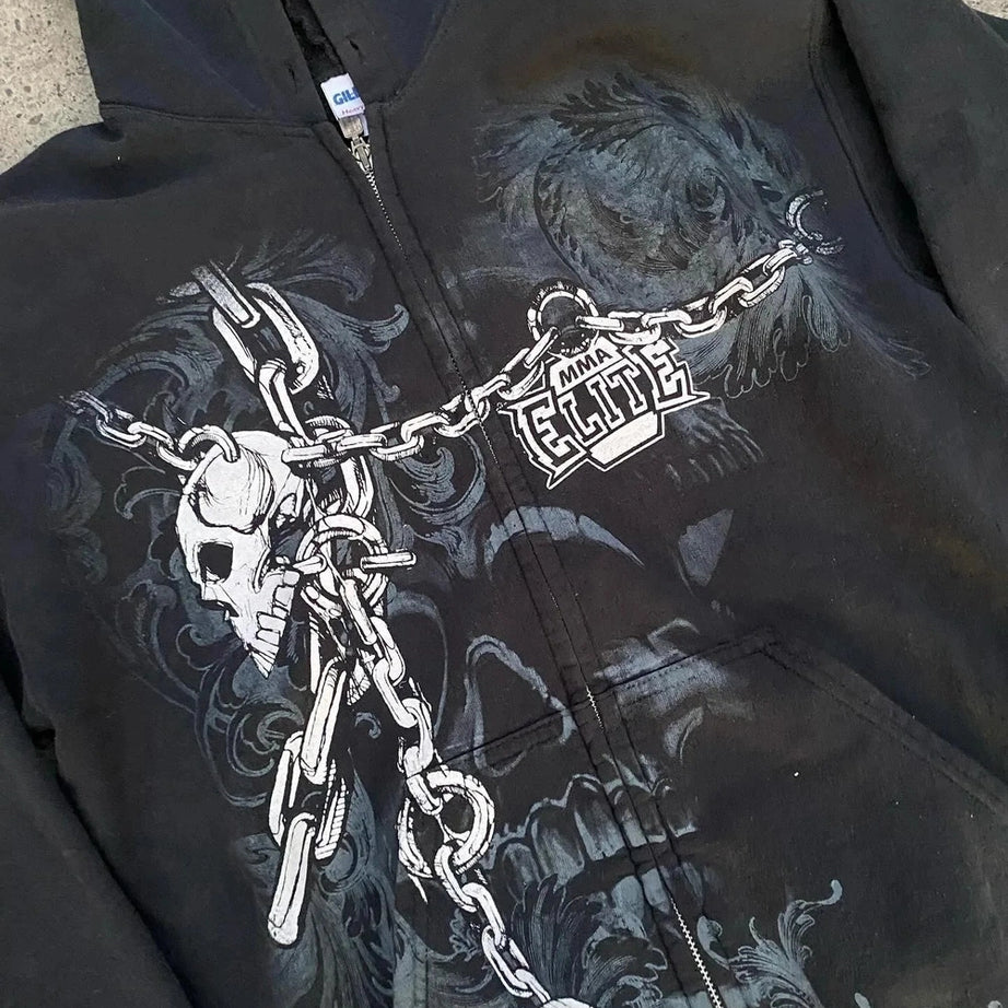 Y2k Alt Skull Print Zip Up Hoodie
