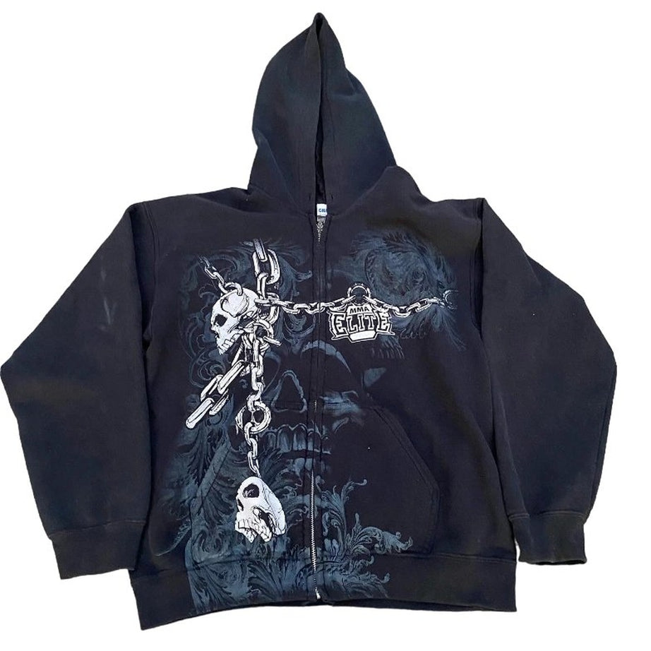 Y2k Alt Skull Print Zip Up Hoodie