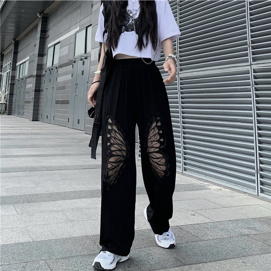 Y2k Alt Style Black Butterfly Loose Pants