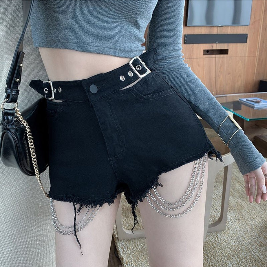 Y2k Alt Style Chain Denim Shorts