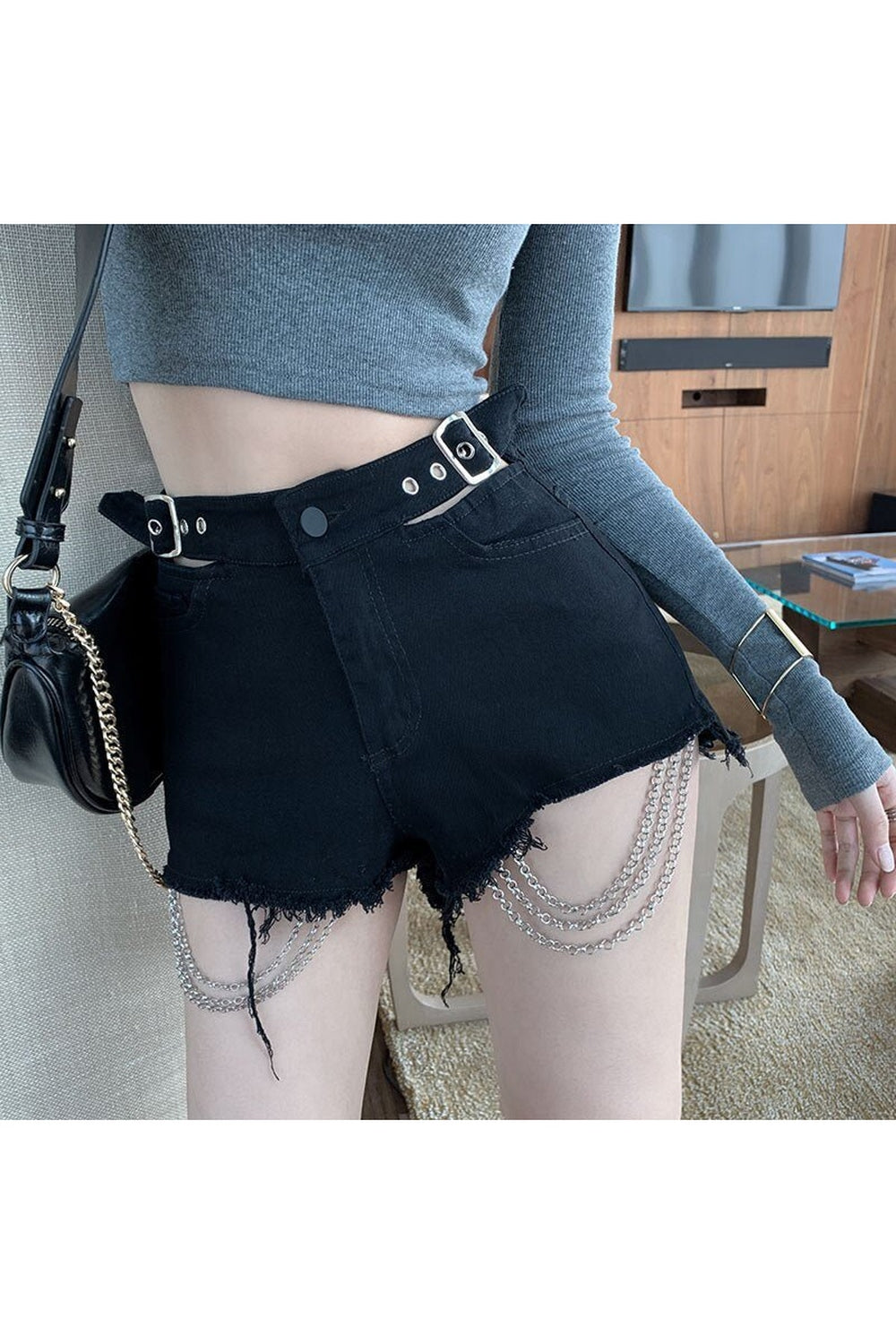 Y2k Alt Style Chain Denim Shorts