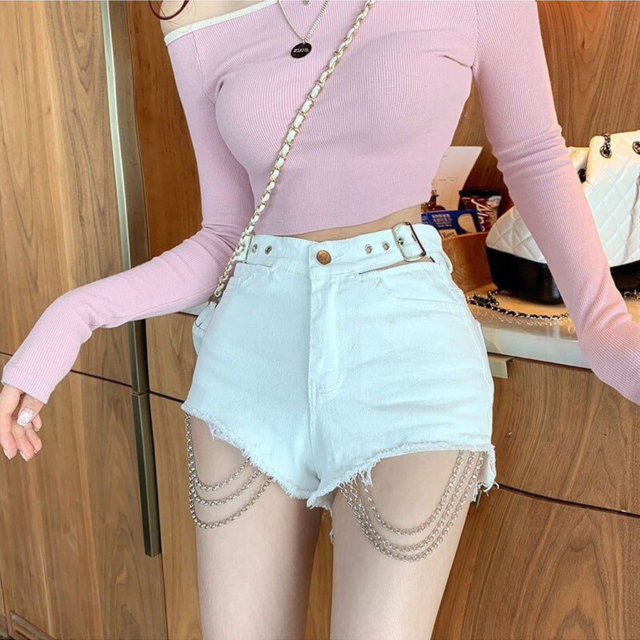 Y2k Alt Style Chain Denim Shorts