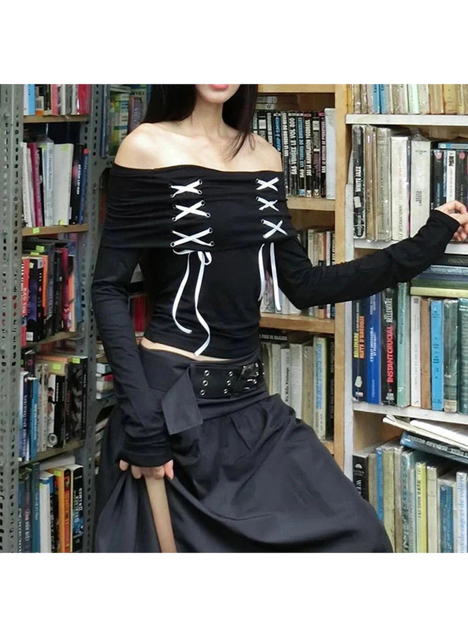 Y2k Alt Lace Up Off Shoulder Tee