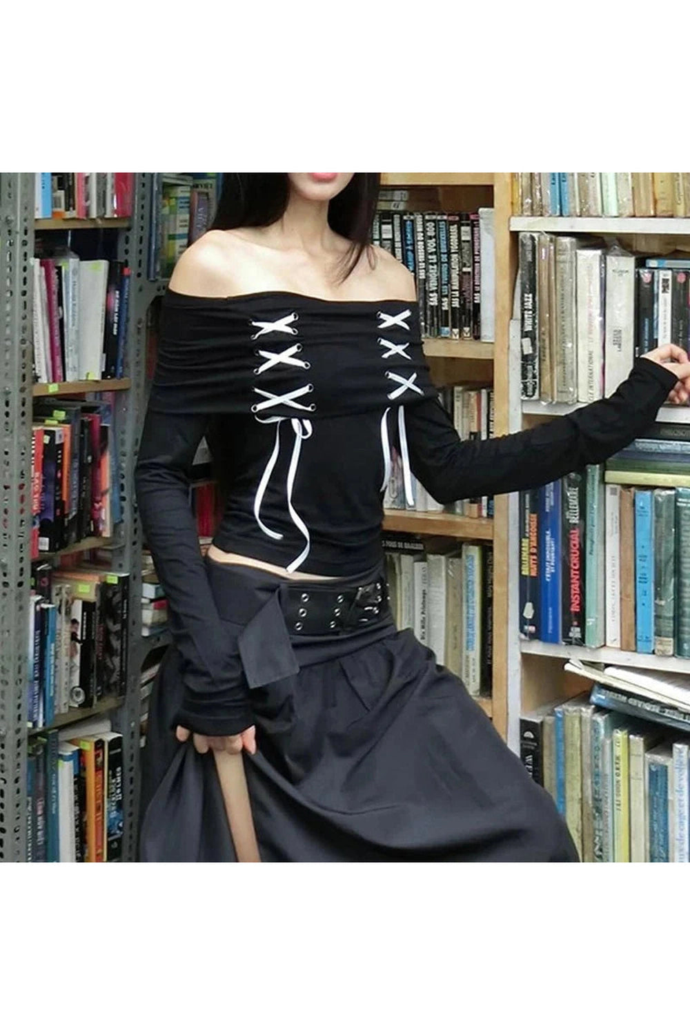 Y2k Alt Lace Up Off Shoulder Tee