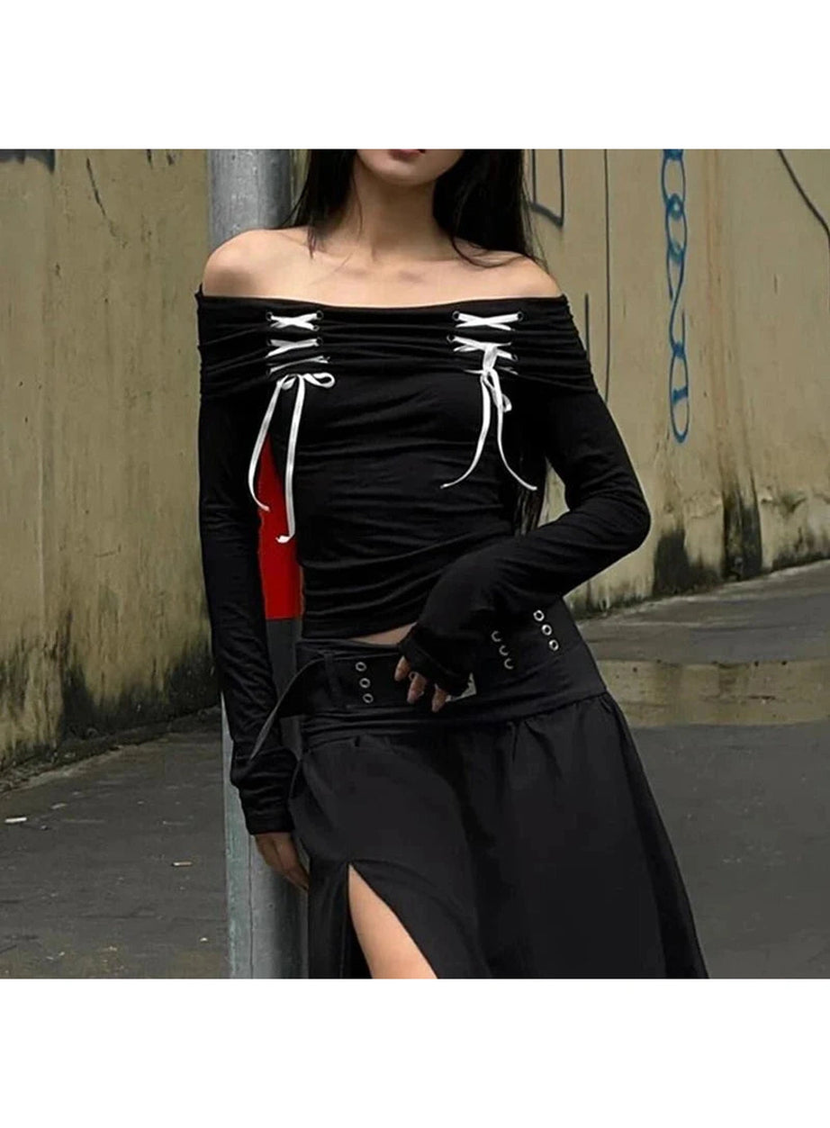Y2k Alt Lace Up Off Shoulder Tee
