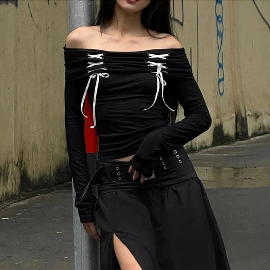 Y2k Alt Lace Up Off Shoulder Tee