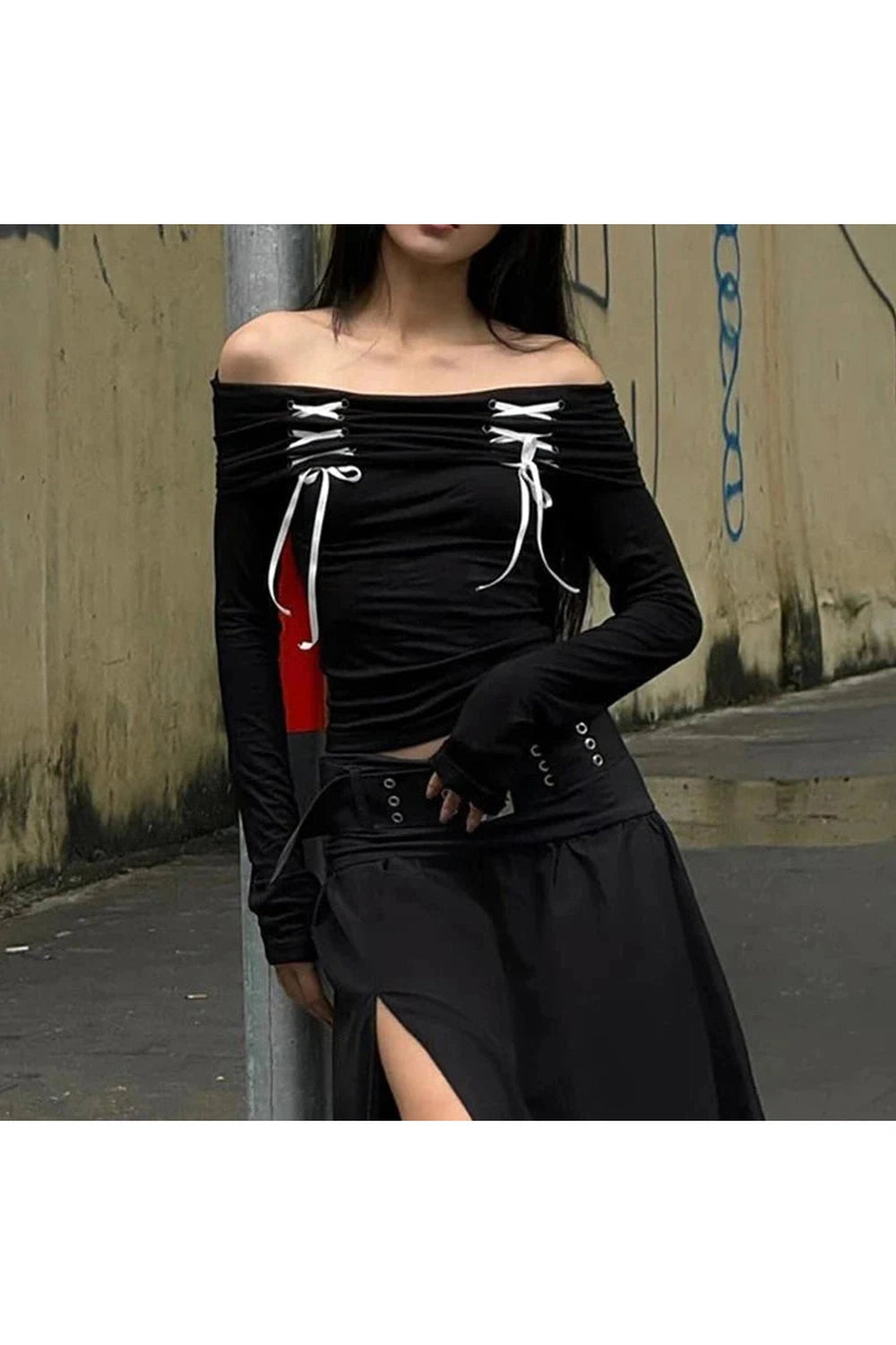 Y2k Alt Lace Up Off Shoulder Tee