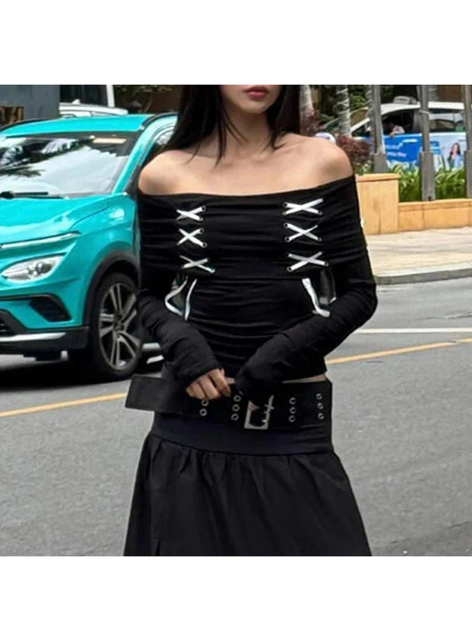 Y2k Alt Lace Up Off Shoulder Tee