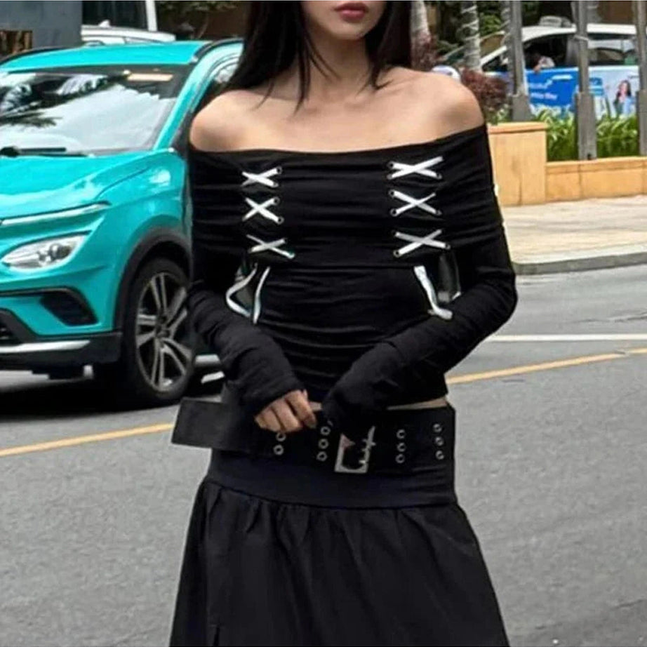 Y2k Alt Lace Up Off Shoulder Tee