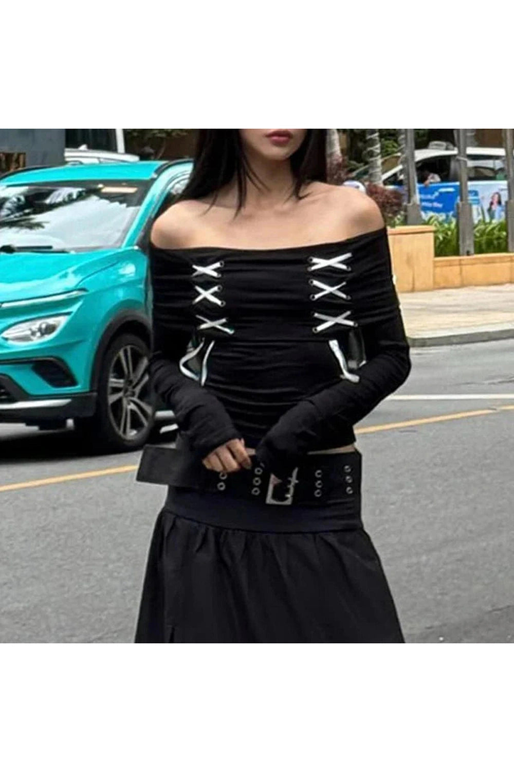 Y2k Alt Lace Up Off Shoulder Tee