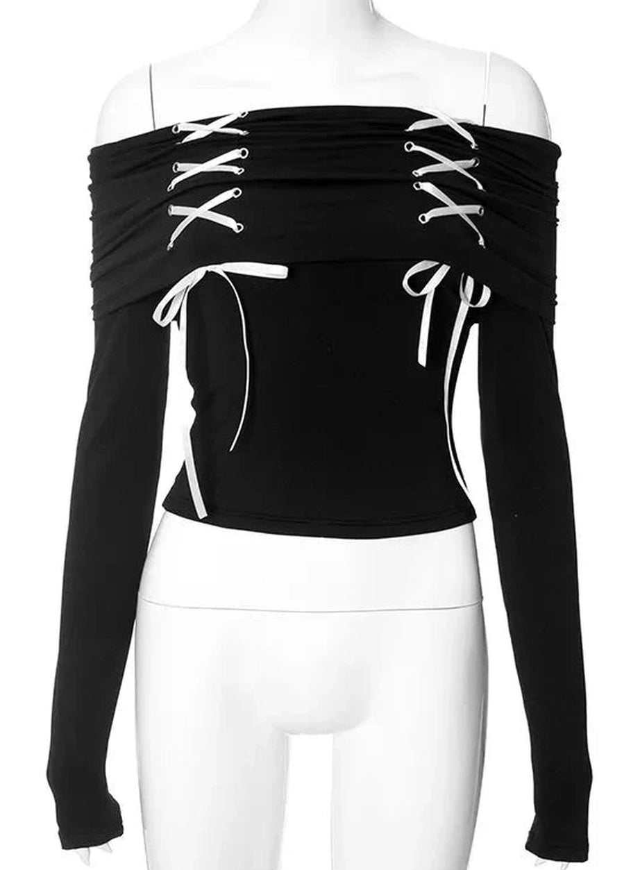 Y2k Alt Lace Up Off Shoulder Tee