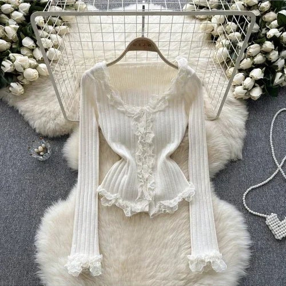 Y2k Angelic Lace Trim Knit Top