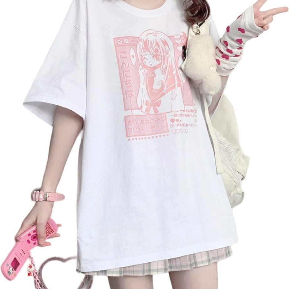 Y2k Anime Pastel Pink Print T-shirt