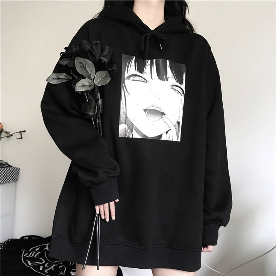 Y2k Anime Print Black & White Hoodie