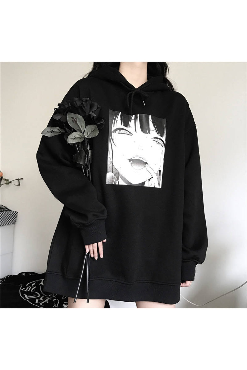 Y2k Anime Print Black & White Hoodie