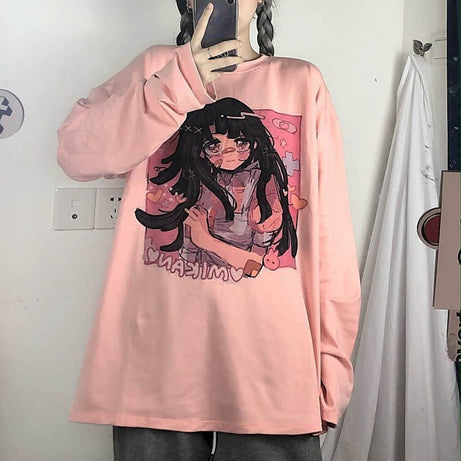 Anime Print Long-Sleeved T-shirt - T-shirts