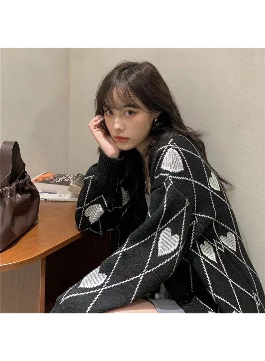 Y2k Argyle Heart Knitted Cardigan