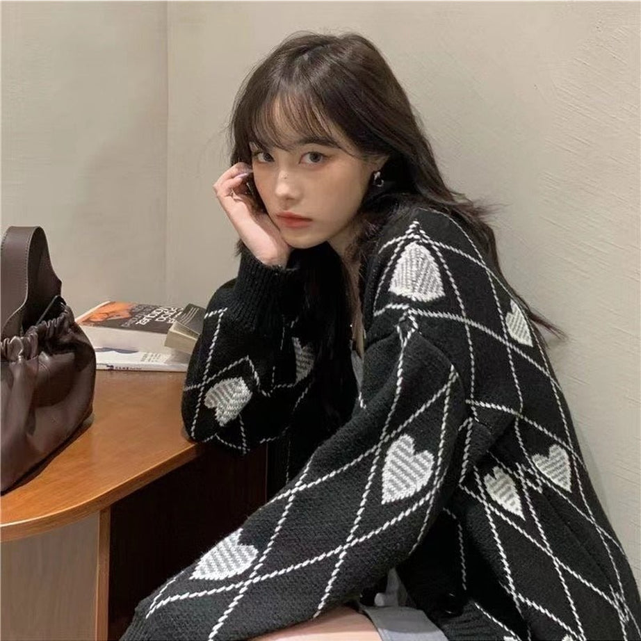 Y2k Argyle Heart Knitted Cardigan