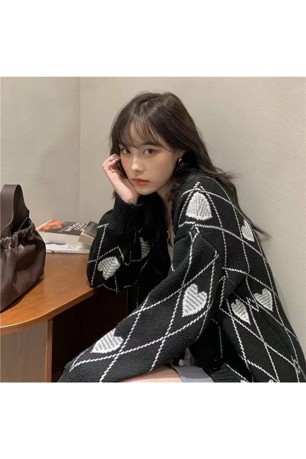 Y2k Argyle Heart Knitted Cardigan