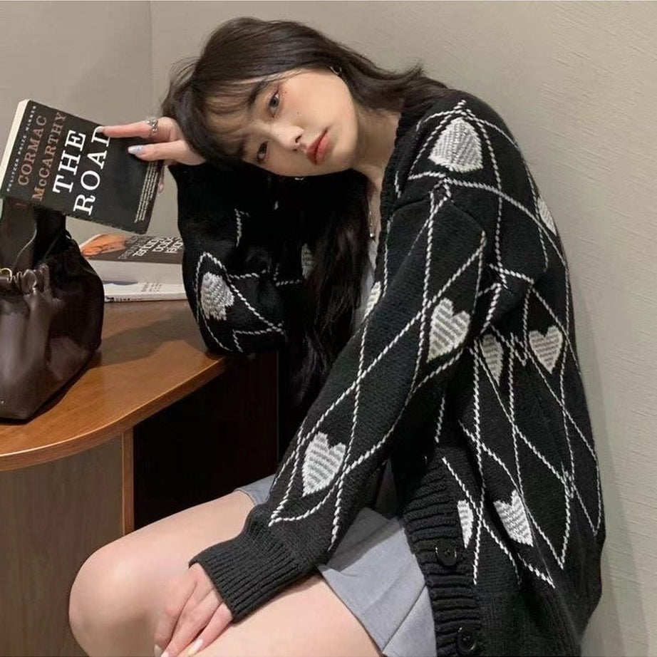 Y2k Argyle Heart Knitted Cardigan