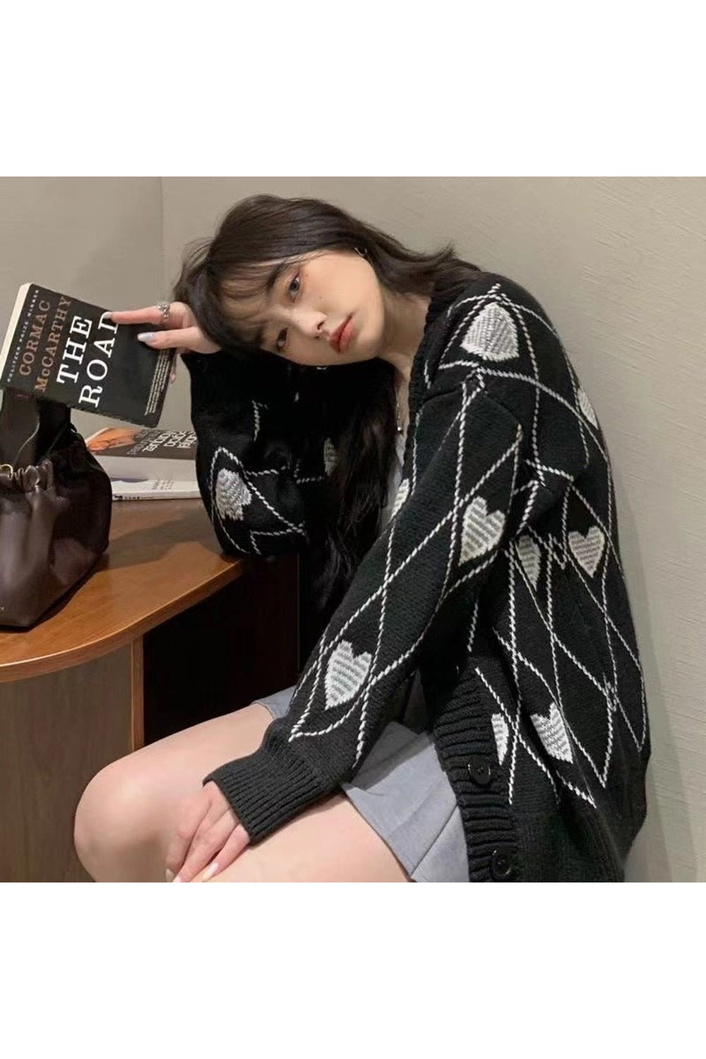 Y2k Argyle Heart Knitted Cardigan