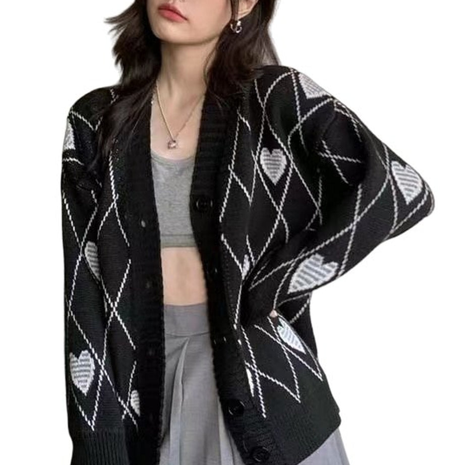 Y2k Argyle Heart Knitted Cardigan