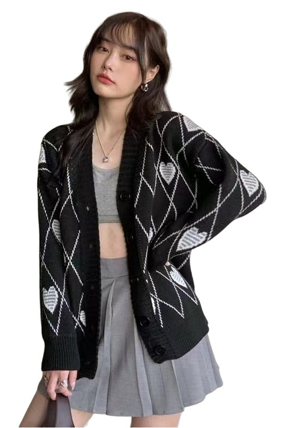 Y2k Argyle Heart Knitted Cardigan