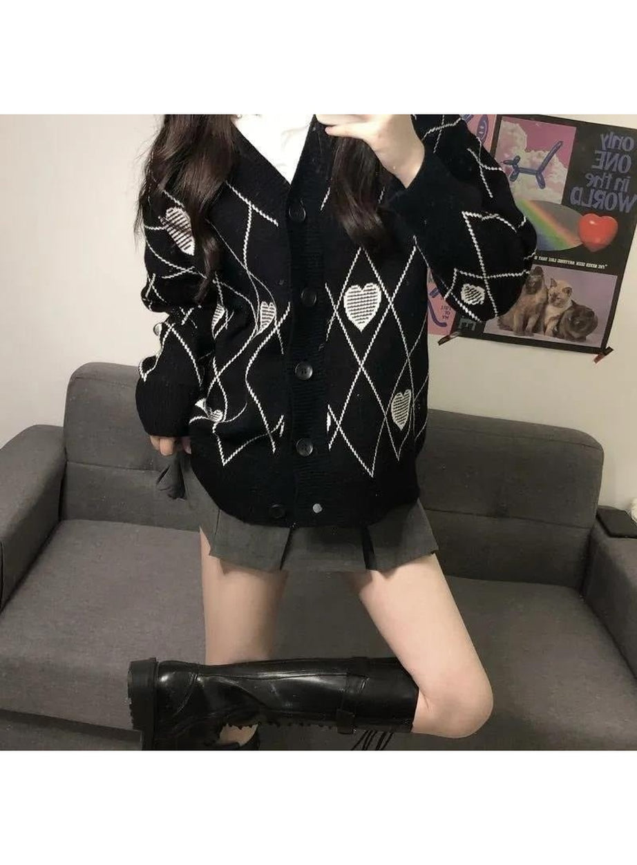 Y2k Argyle Heart Knitted Cardigan