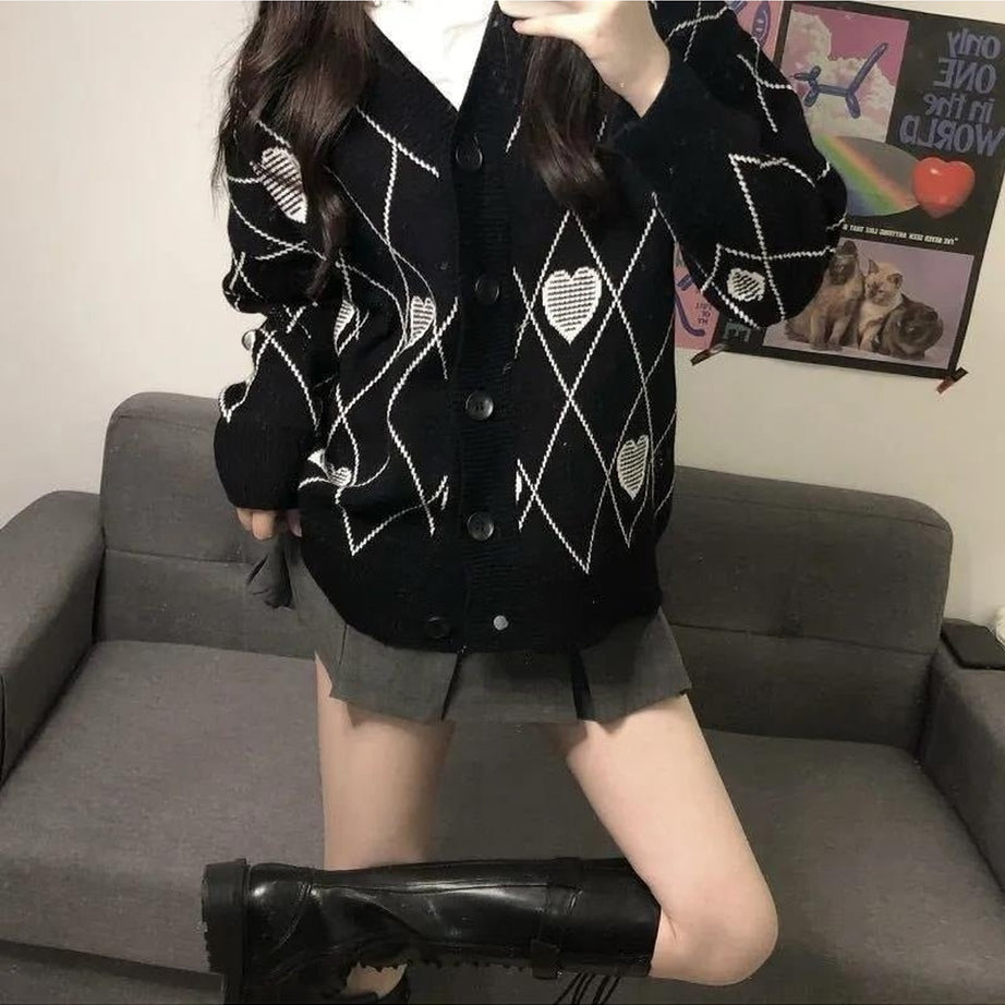 Y2k Argyle Heart Knitted Cardigan