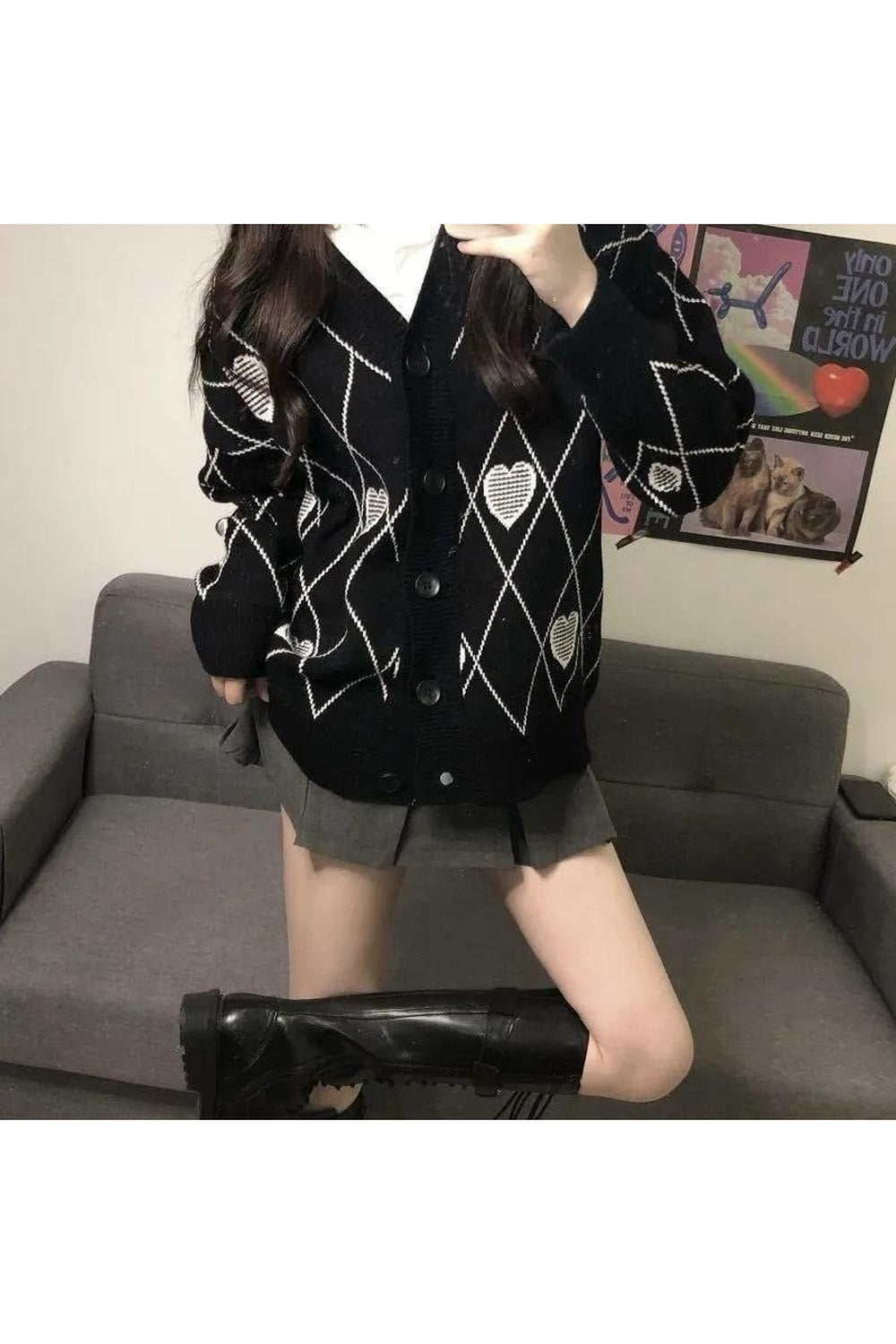 Y2k Argyle Heart Knitted Cardigan