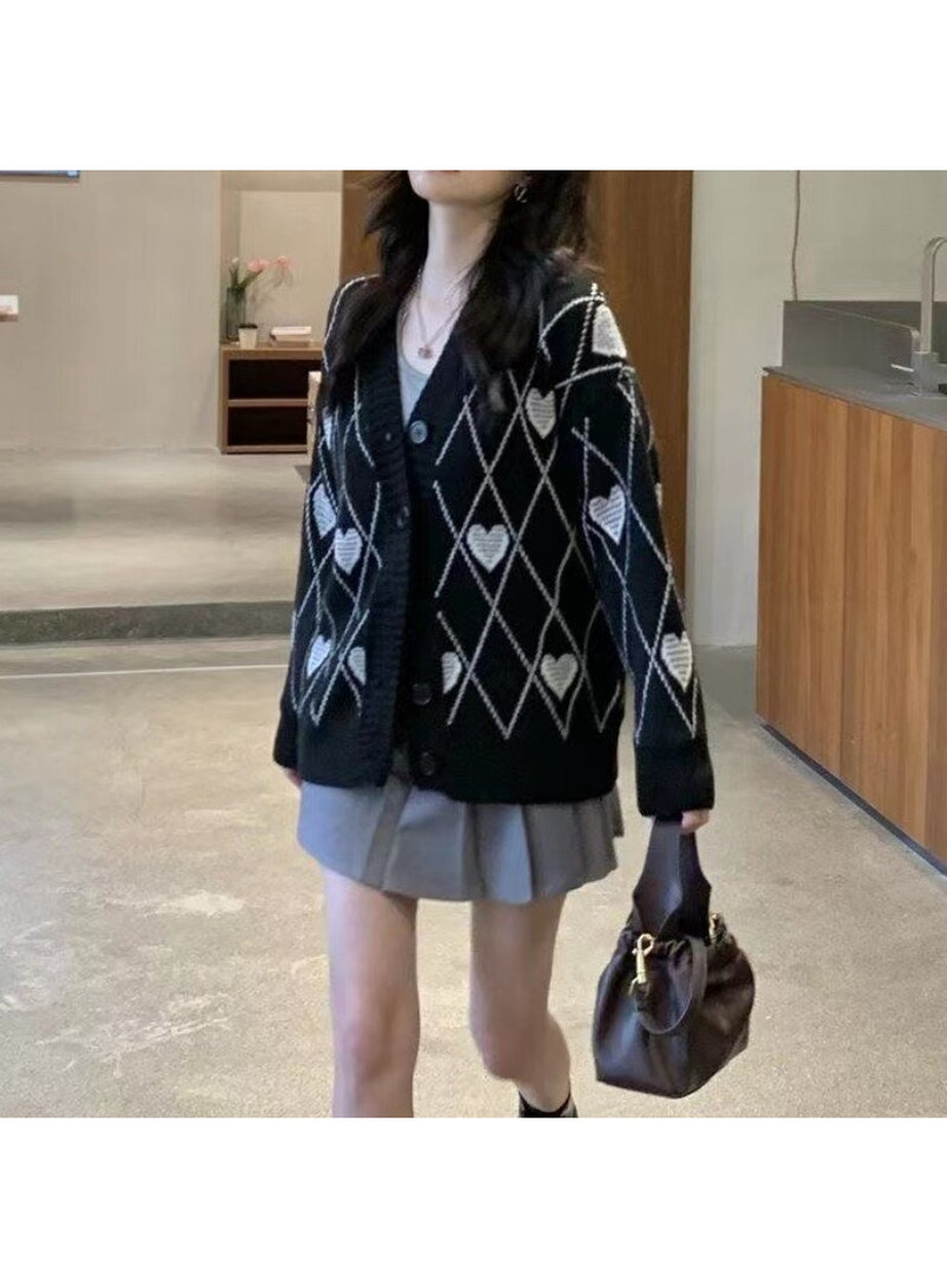Y2k Argyle Heart Knitted Cardigan