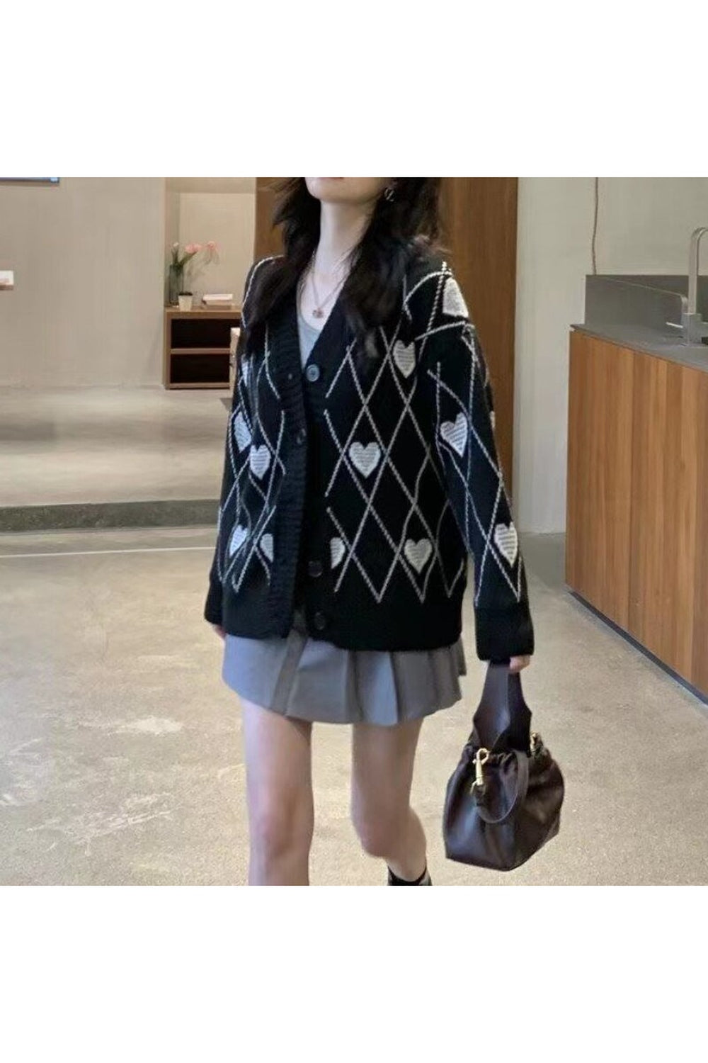 Y2k Argyle Heart Knitted Cardigan
