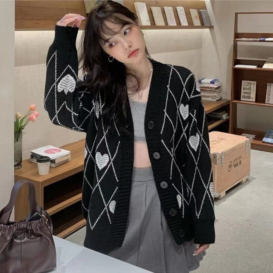 Y2k Argyle Heart Knitted Cardigan