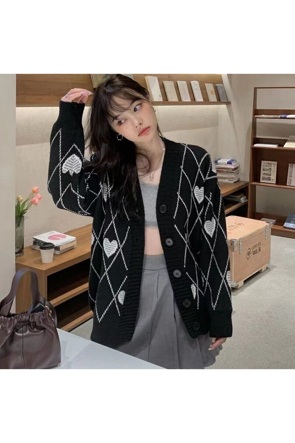 Y2k Argyle Heart Knitted Cardigan
