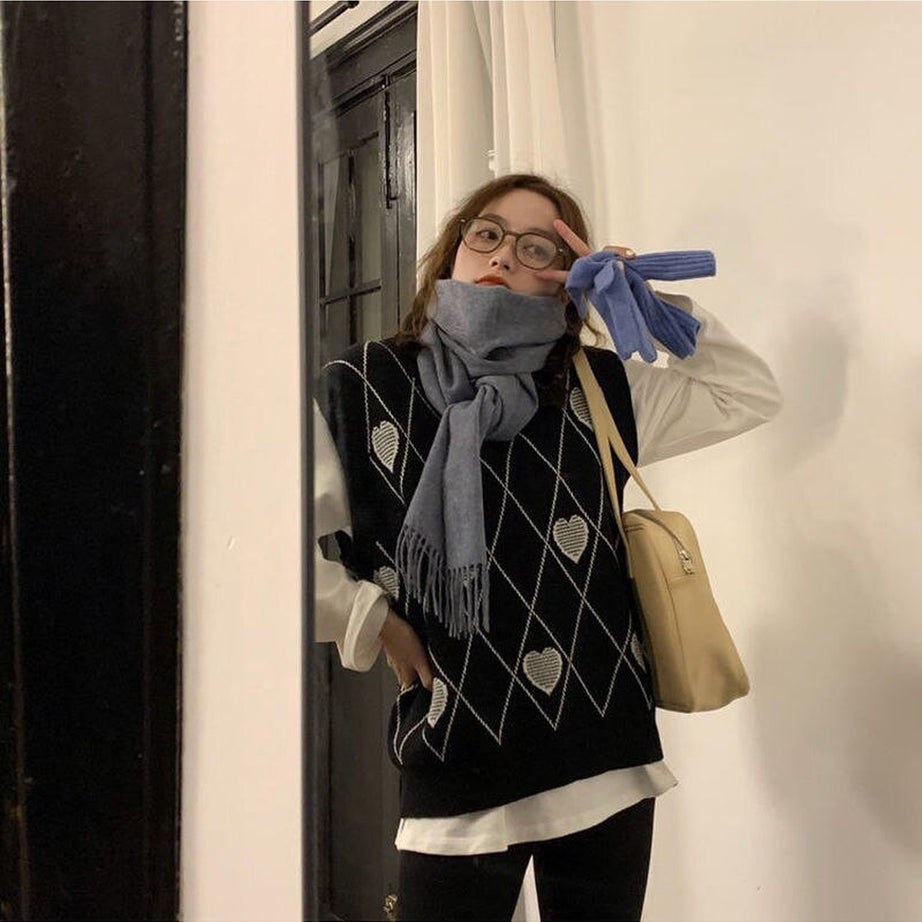 Y2k Argyle Heart Knitted Cardigan