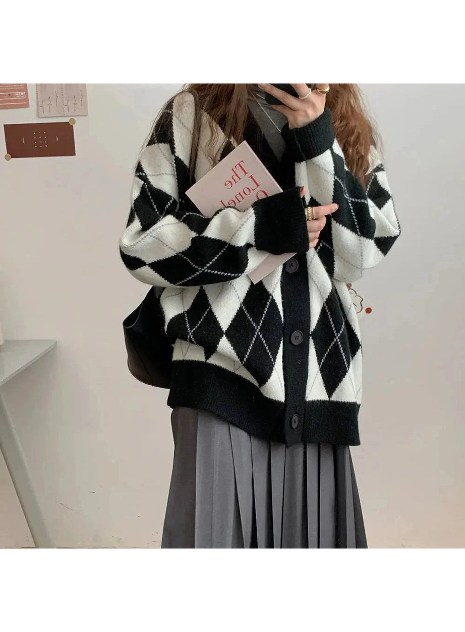 Y2k Argyle Knitted Cardigan
