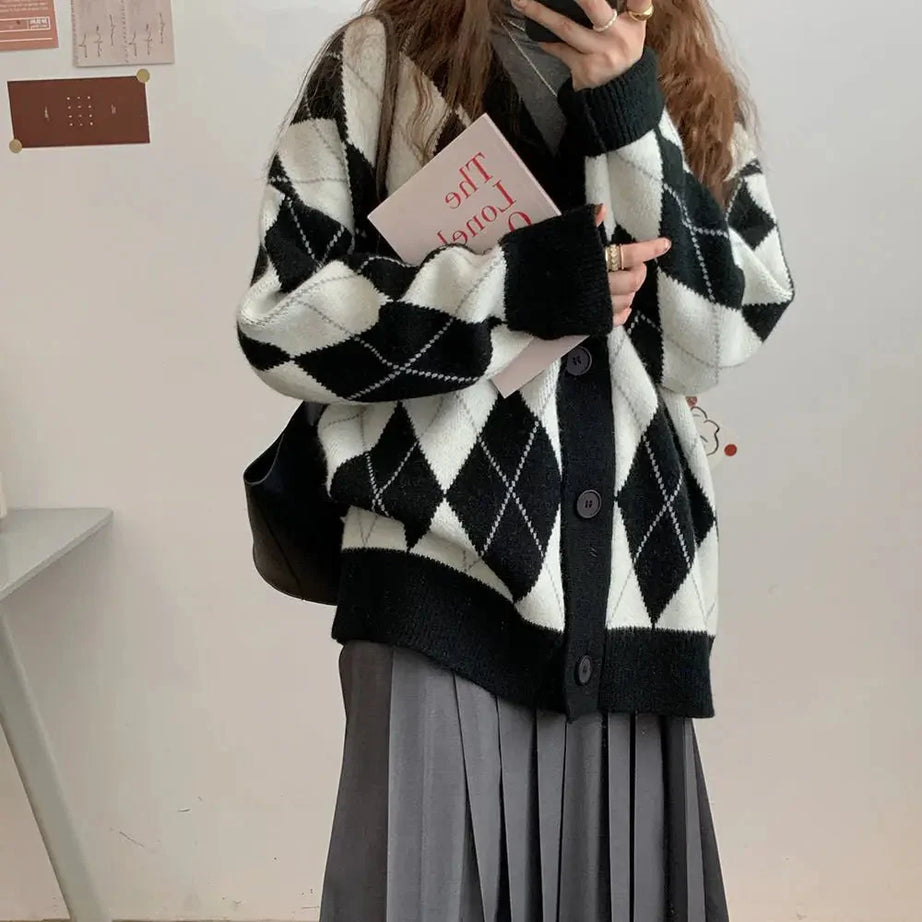 Y2k Argyle Knitted Cardigan