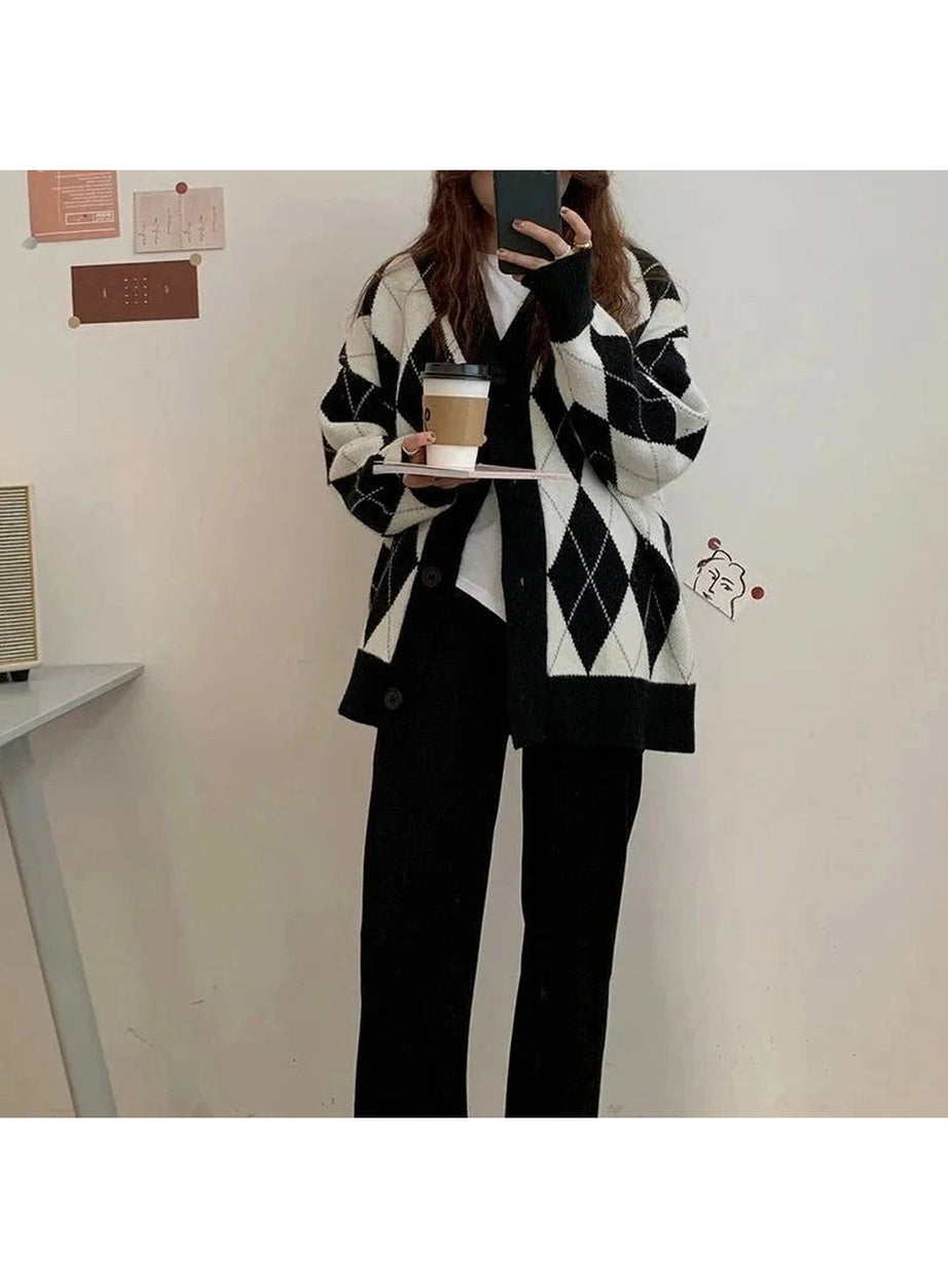 Y2k Argyle Knitted Cardigan