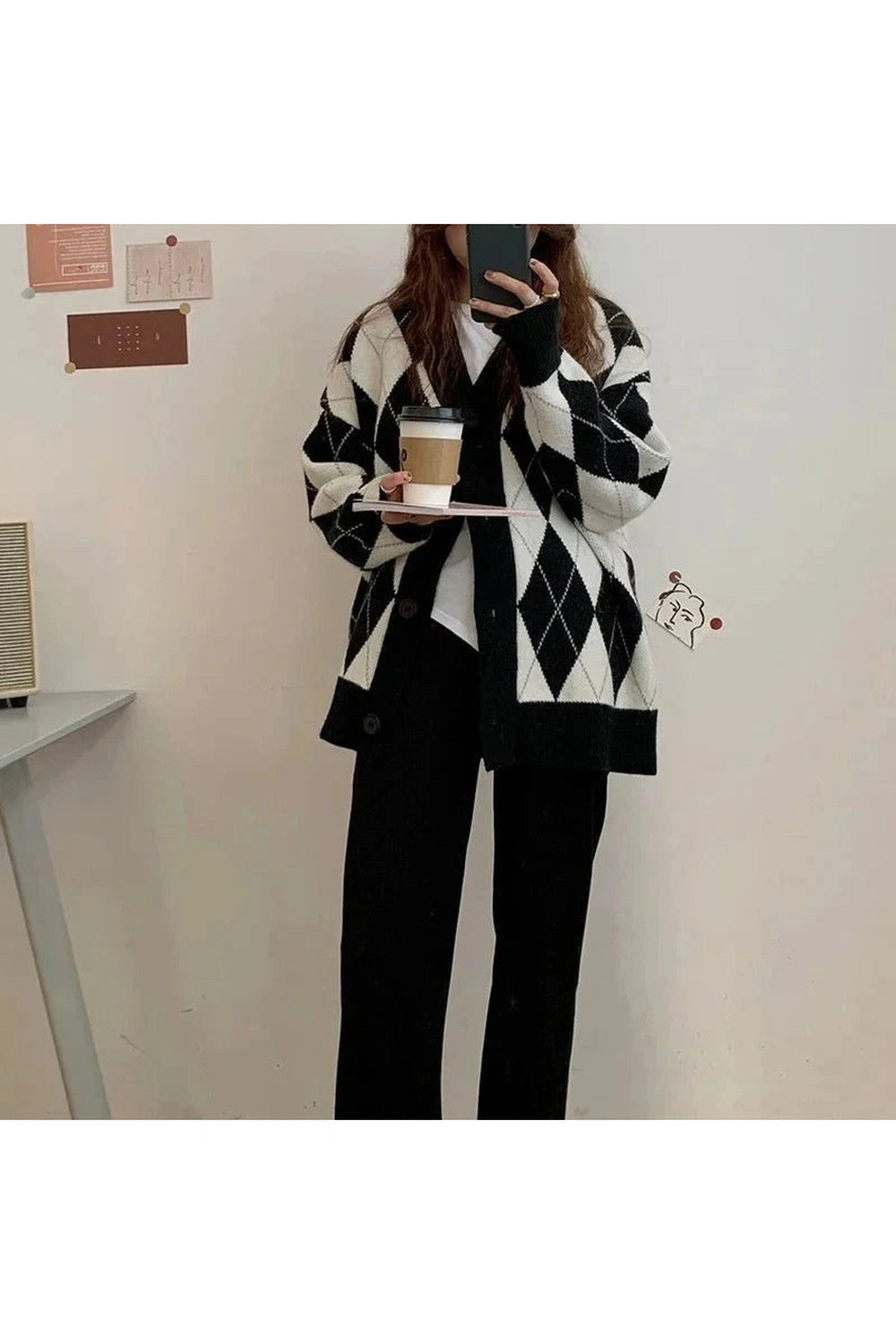 Y2k Argyle Knitted Cardigan